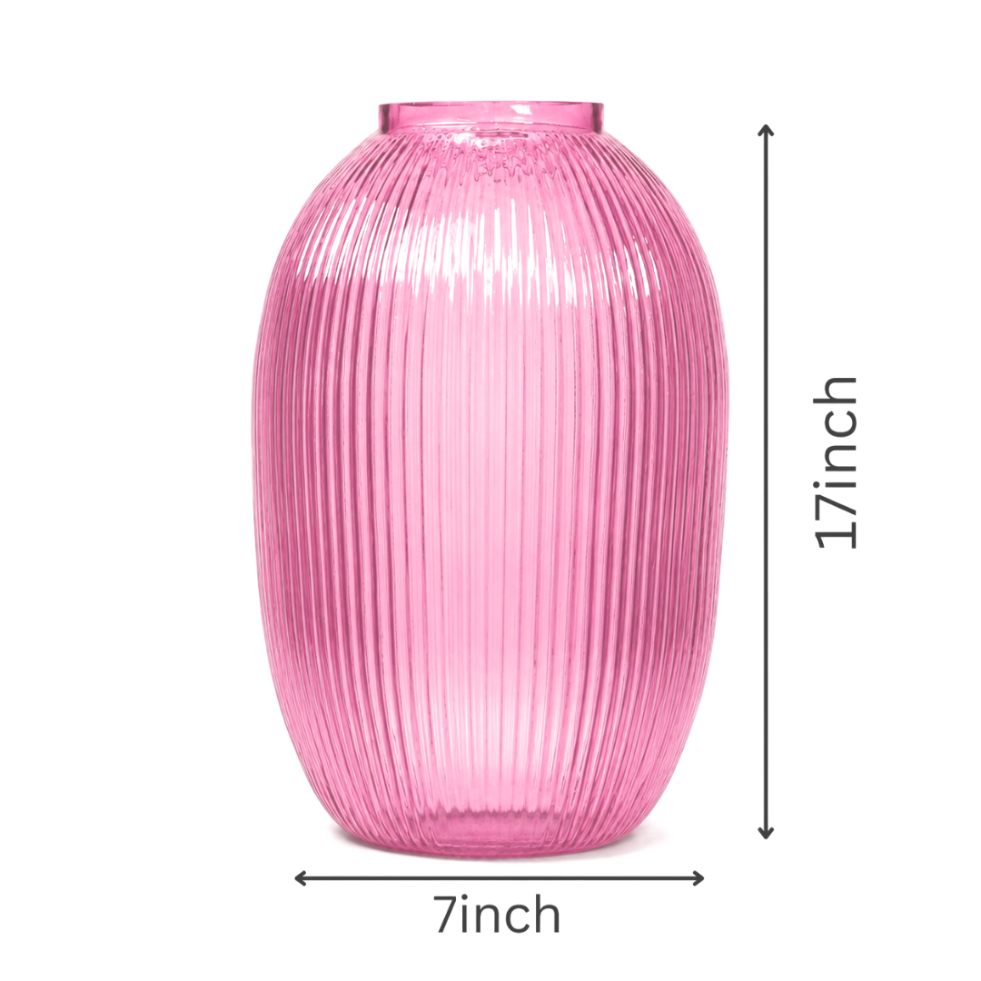 Tall Ribbed Glass Vase – Pink