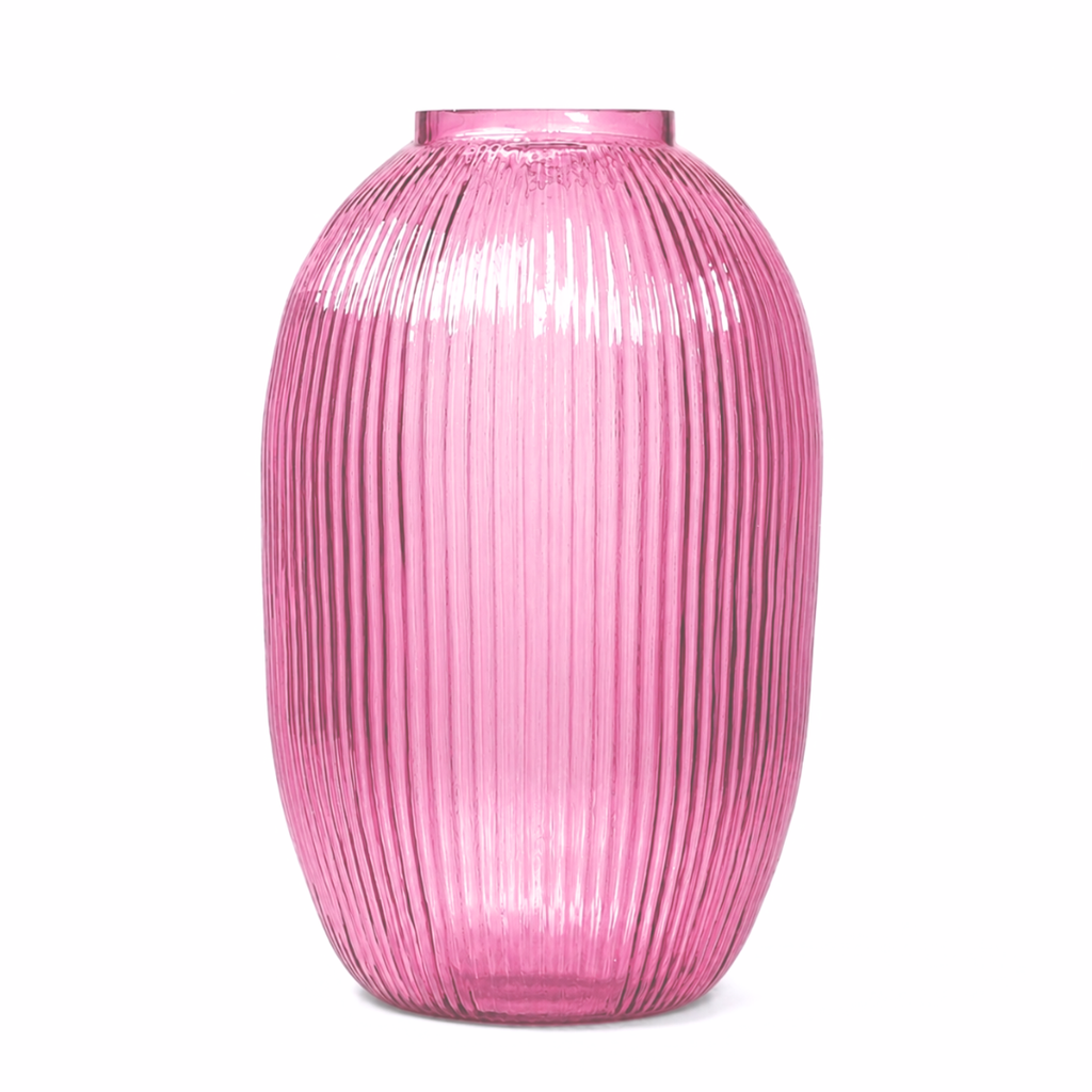 Tall Ribbed Glass Vase – Pink