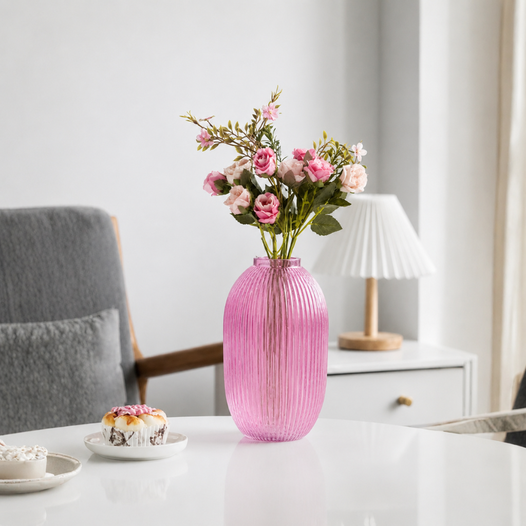Tall Ribbed Glass Vase – Pink