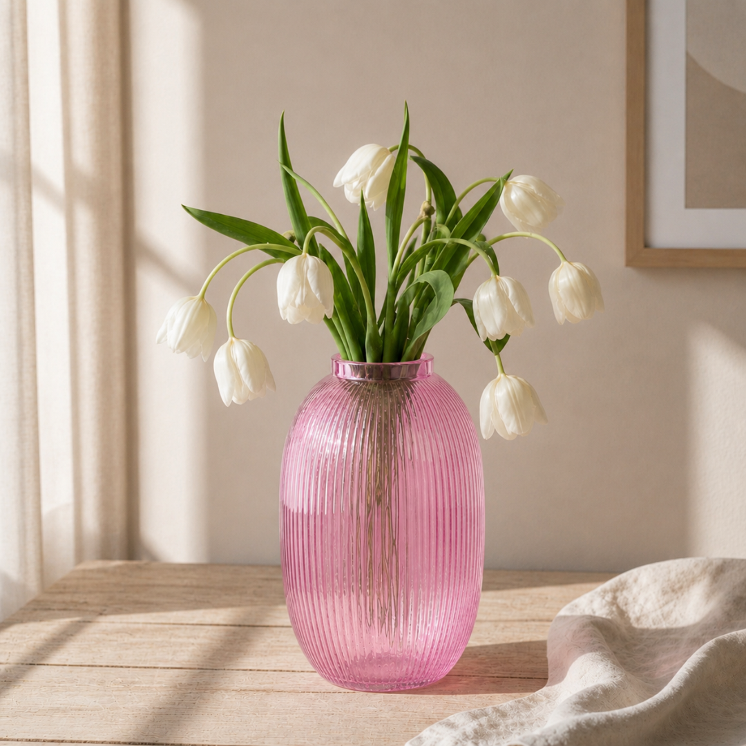 Tall Ribbed Glass Vase – Pink