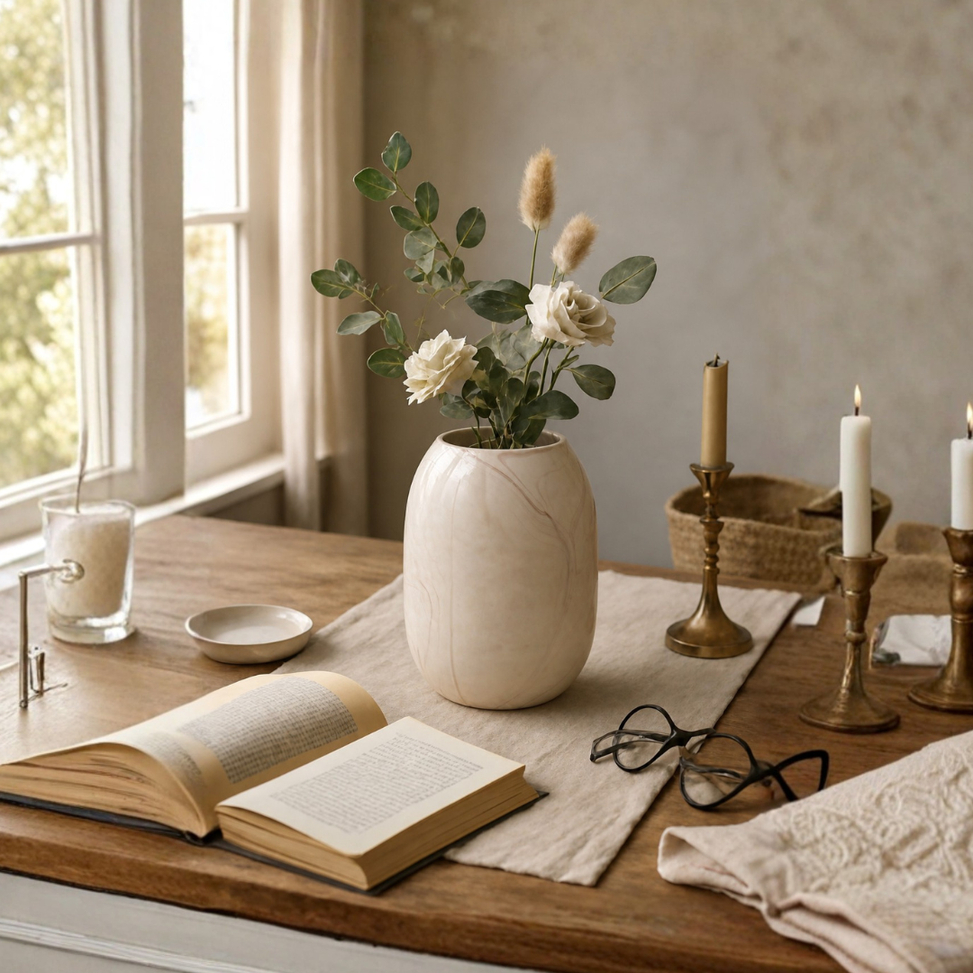 Marble Finish Glass Vase – Ivory Beige