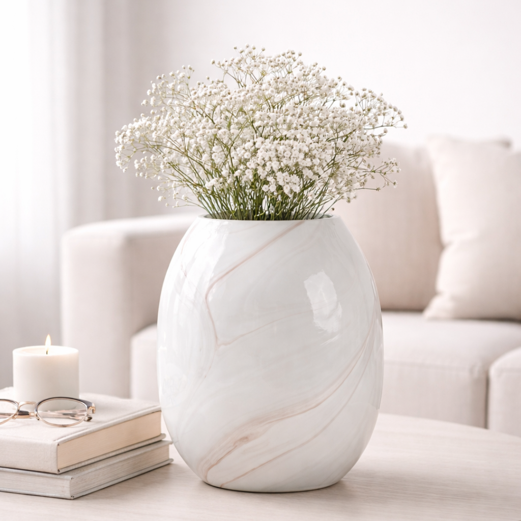 Marble Finish Glass Vase – Ivory Beige