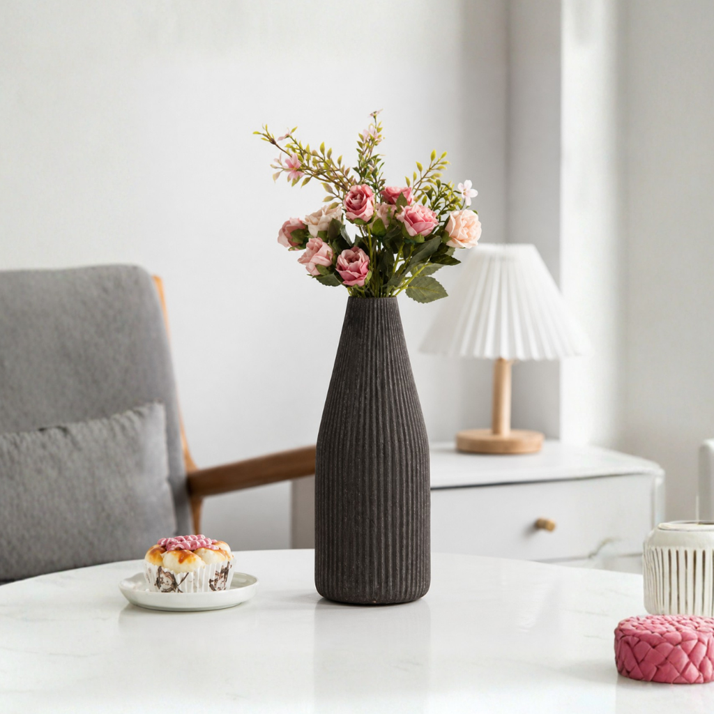 Ribbed Glass Vase – Charcoal Black