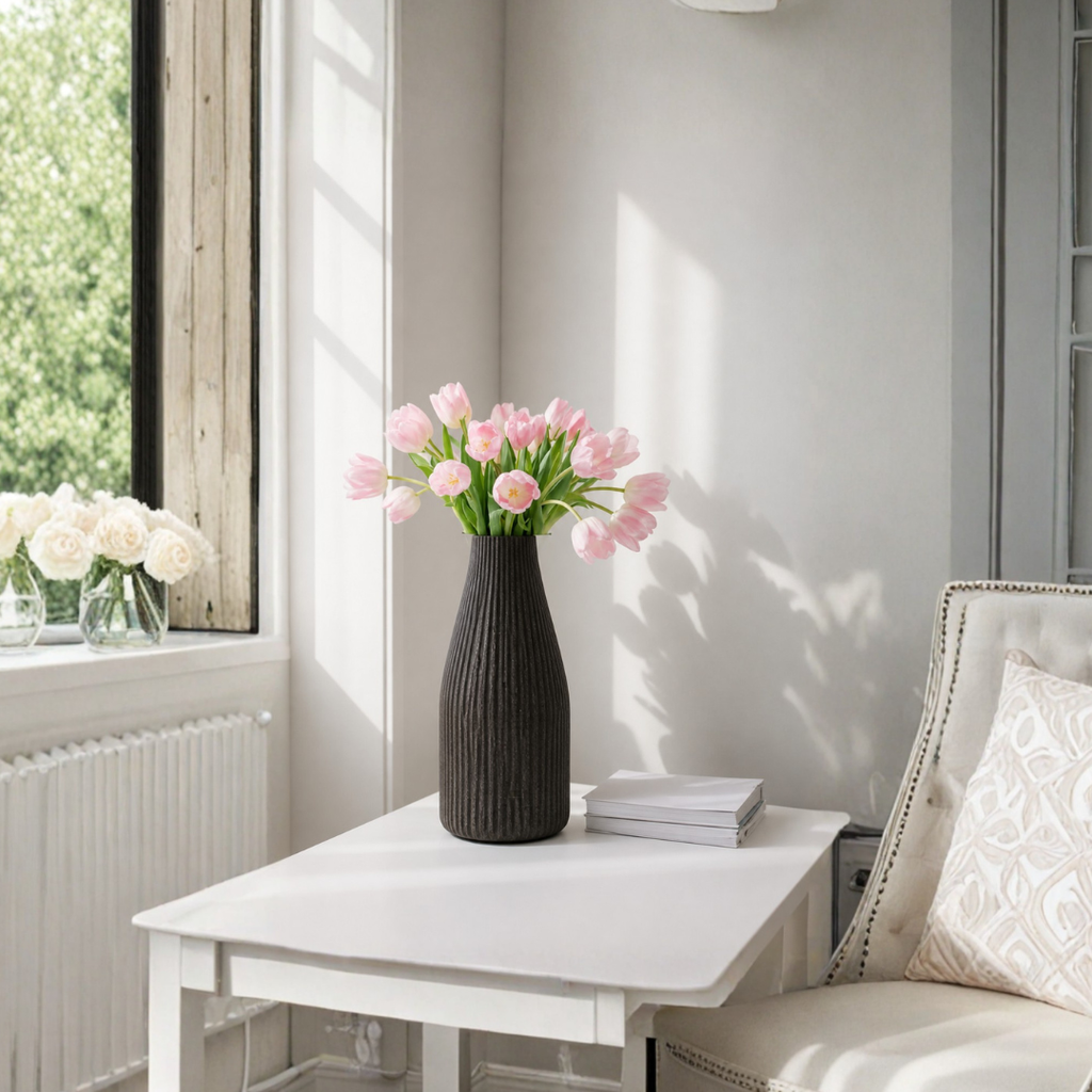 Ribbed Glass Vase – Charcoal Black