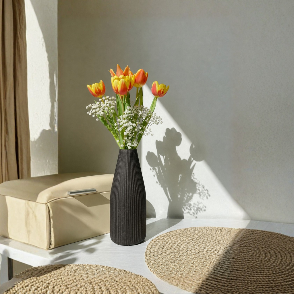 Ribbed Glass Vase – Charcoal Black