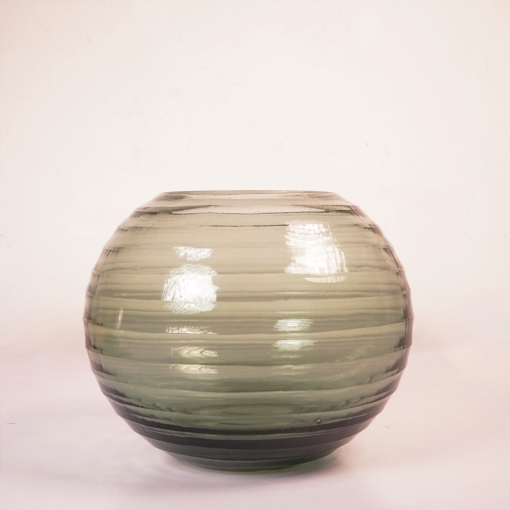 Olive Green Ribbed Glass Vase – Modern Textured Decorative Flower Vase
