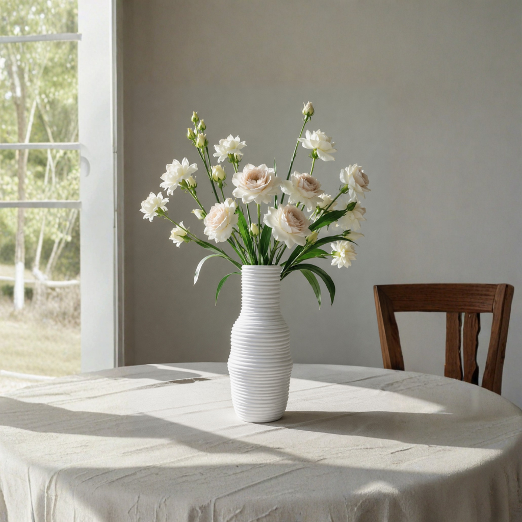 Frosted Ribbed Glass Vase – Soft Blush