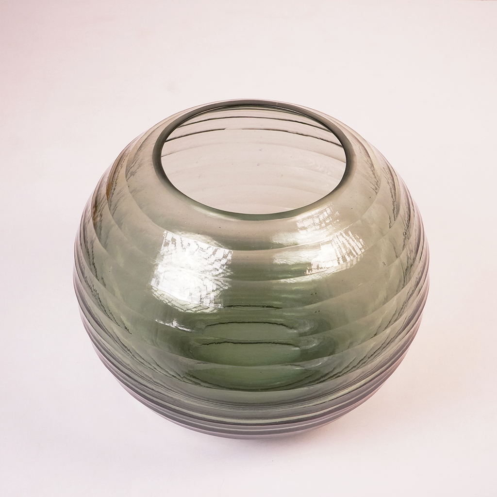 Olive Green Ribbed Glass Vase – Modern Textured Decorative Flower Vase