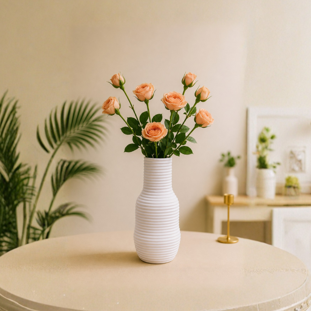 Frosted Ribbed Glass Vase – Soft Blush