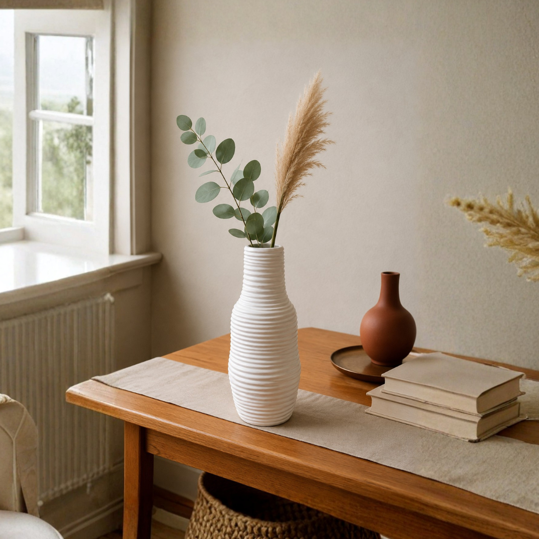 Frosted Ribbed Glass Vase – Soft Blush