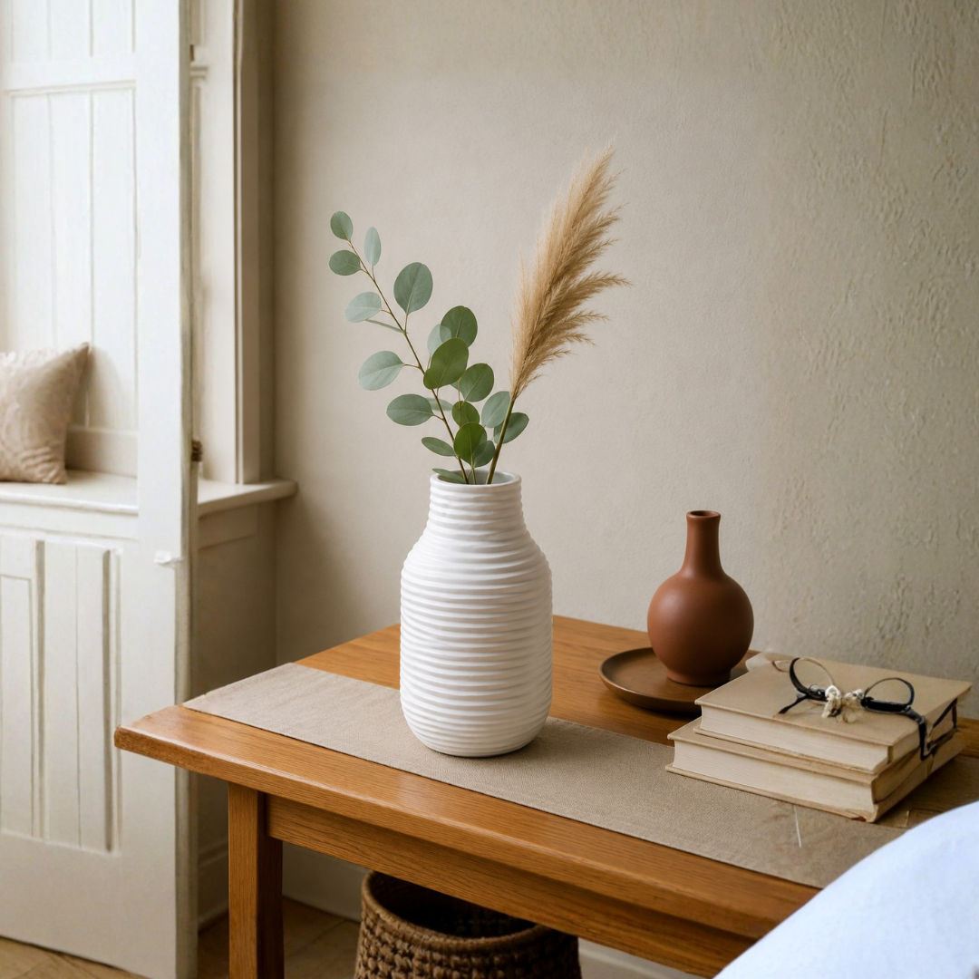 Frosted Ribbed Glass Vase – Pearl White