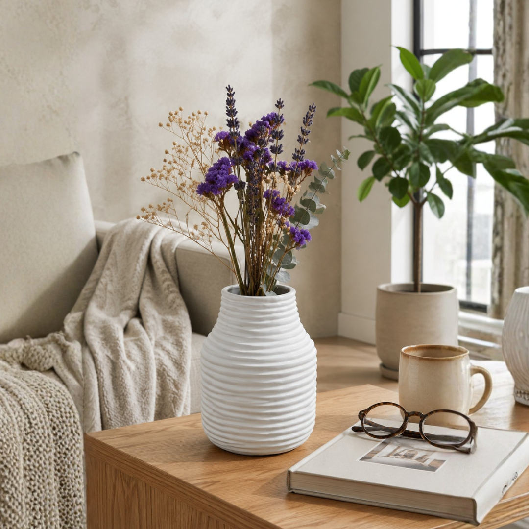 Frosted Ribbed Glass Vase – Soft Ivory