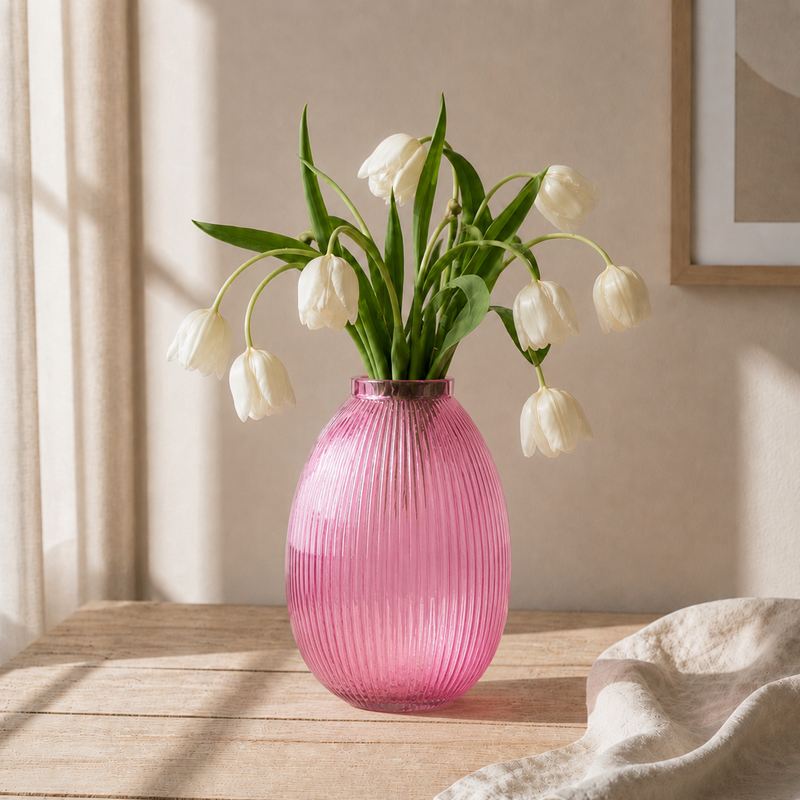 Ribbed Glass Vase – Pink