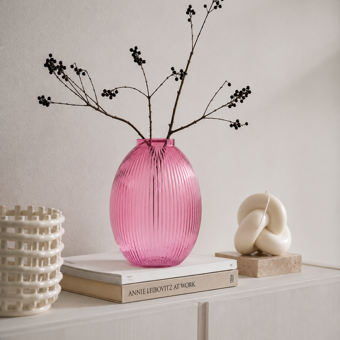 Ribbed Glass Vase – Pink