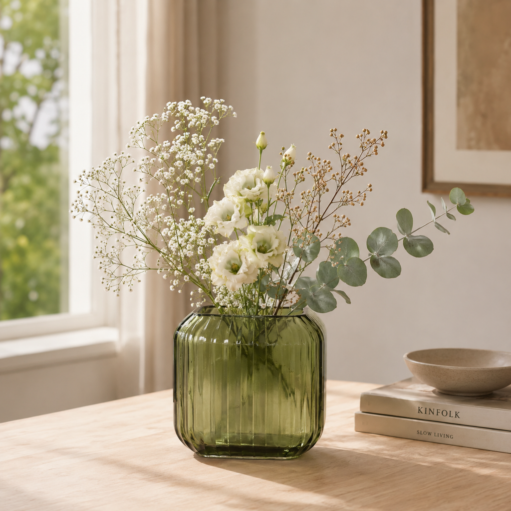 Olive Green Glass Vase – Elegant Decorative Vase for Modern Home Decor