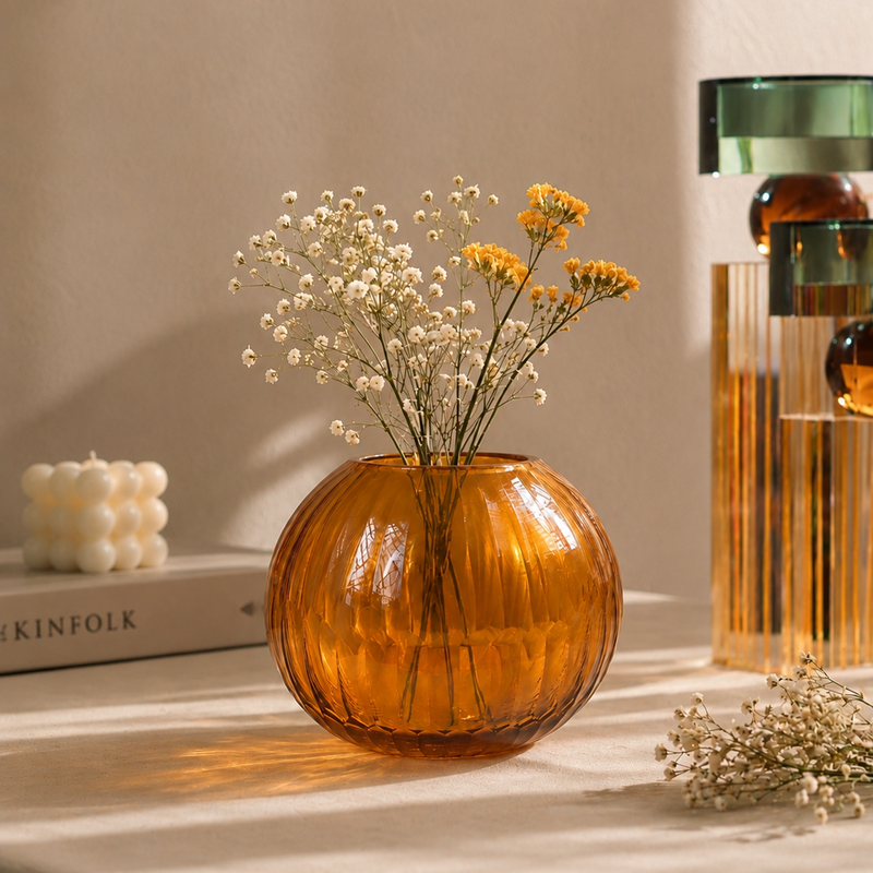 Amber Ribbed Glass Vase – Modern Textured Decorative Flower Vase