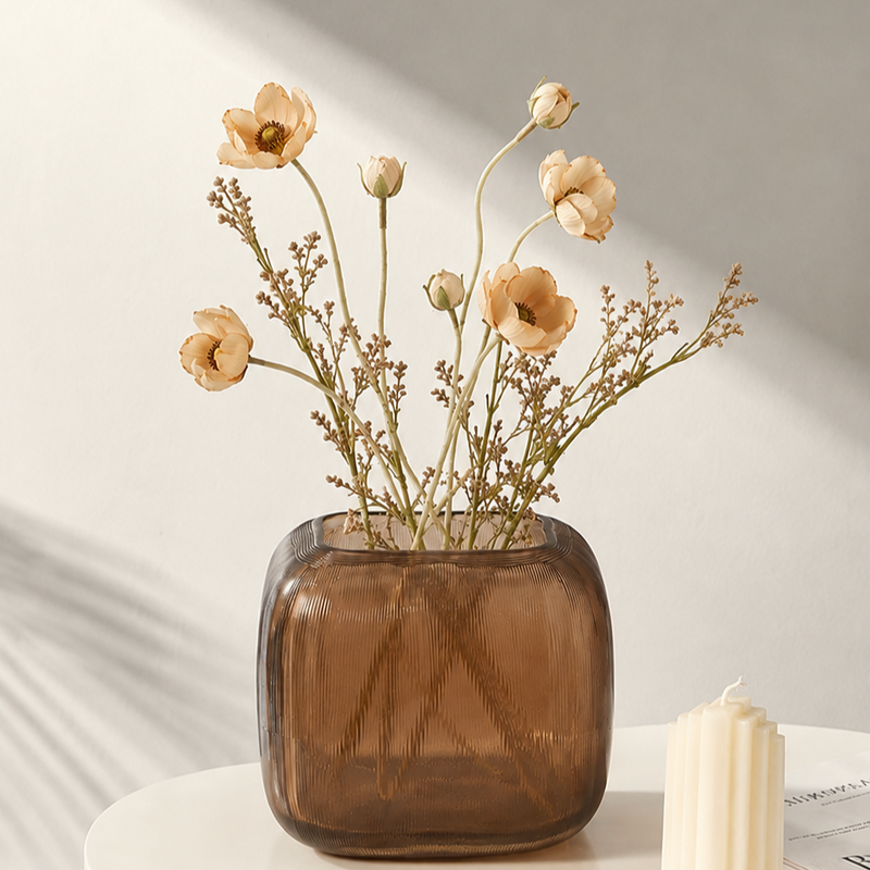 Amber Ribbed Glass Vase – Modern Decorative Vase for Home & Tabletop Decor