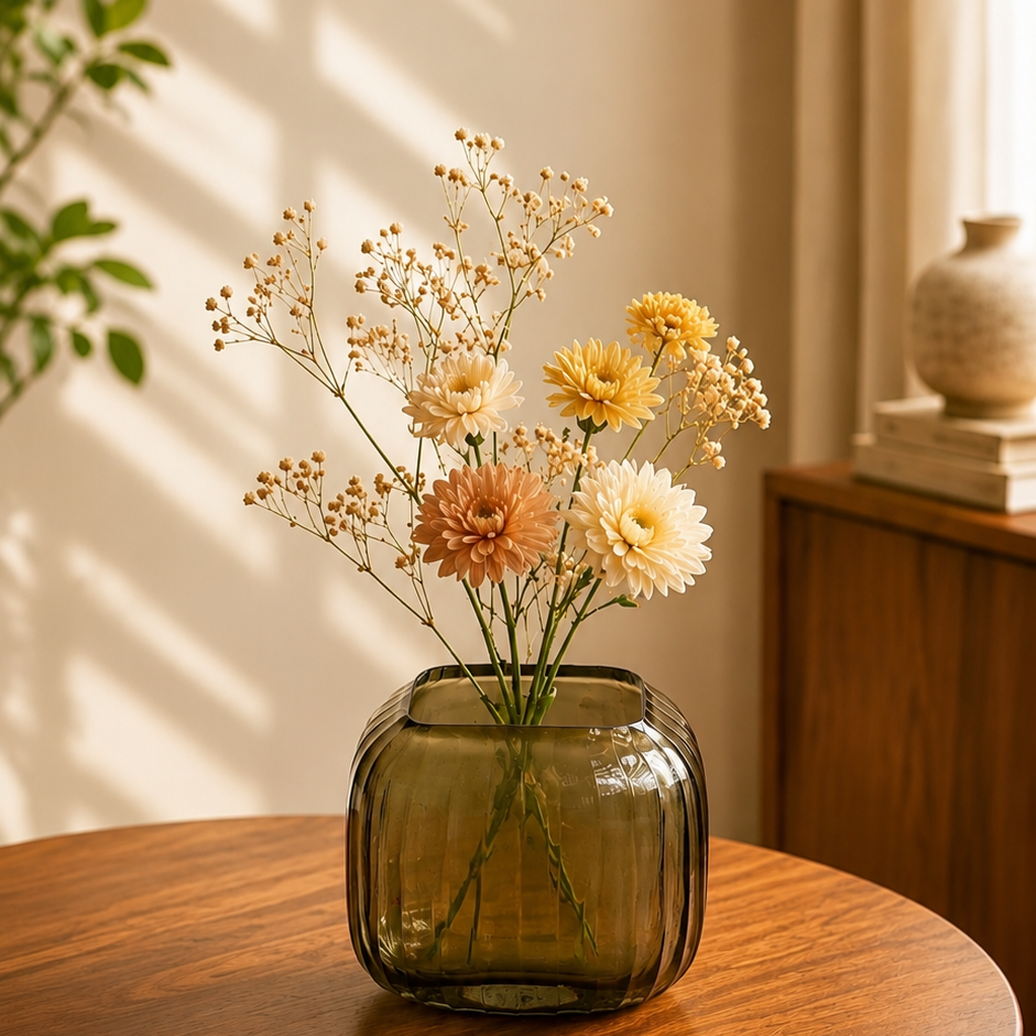 Olive Green Glass Vase – Elegant Decorative Vase for Modern Home Decor