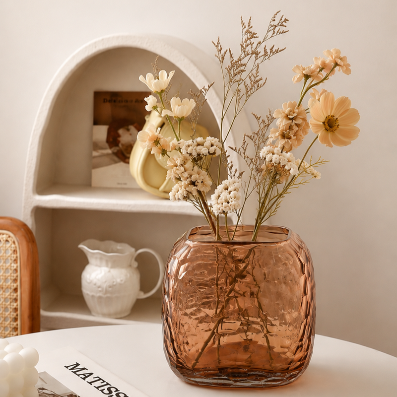 Peach Textured Glass Vase – Elegant Decorative Vase for Modern Home Decor