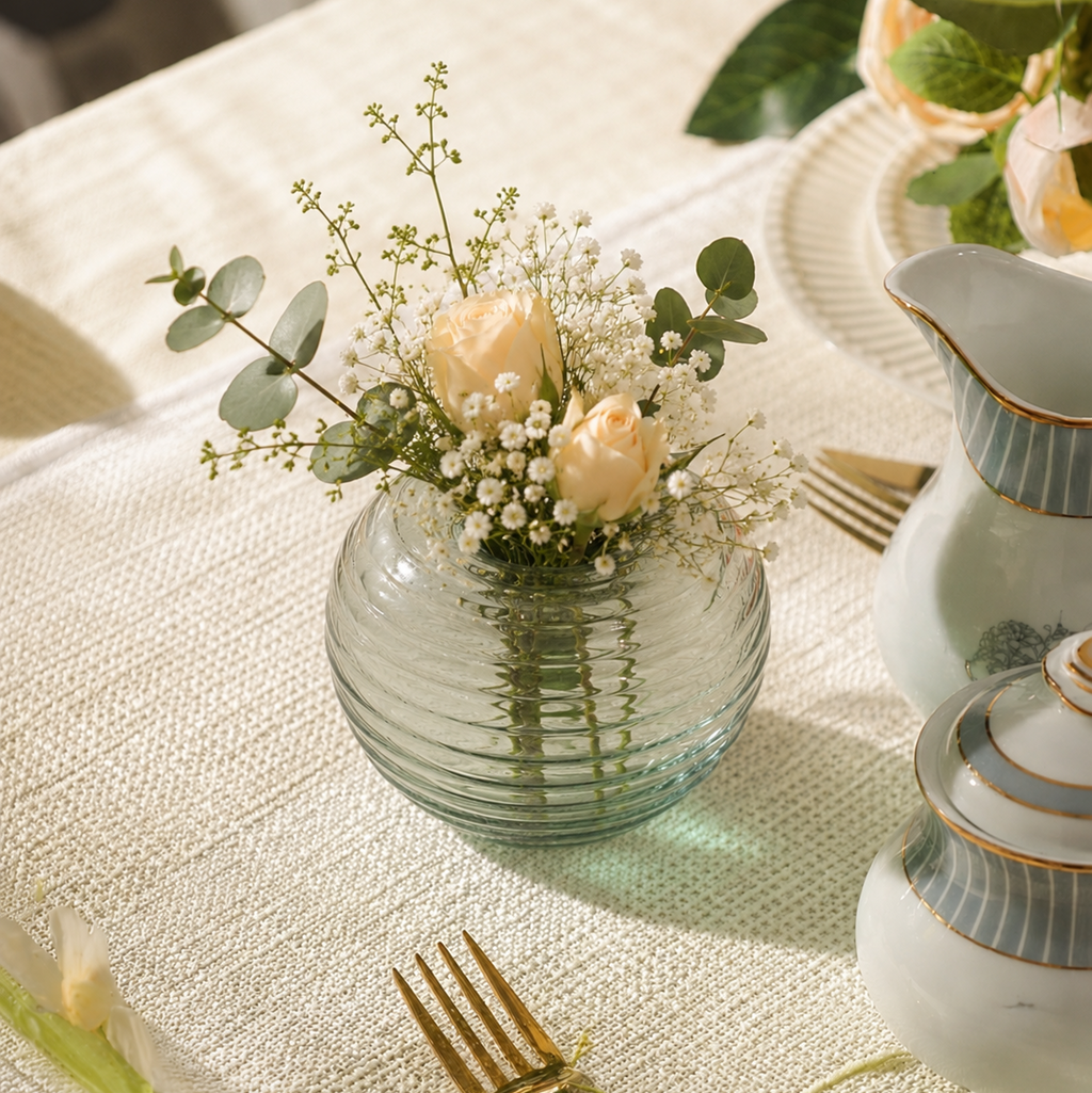 Olive Green Ribbed Glass Vase – Modern Textured Decorative Flower Vase