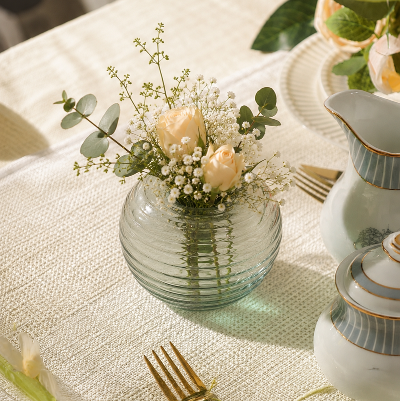 Olive Green Ribbed Glass Vase – Modern Textured Decorative Flower Vase