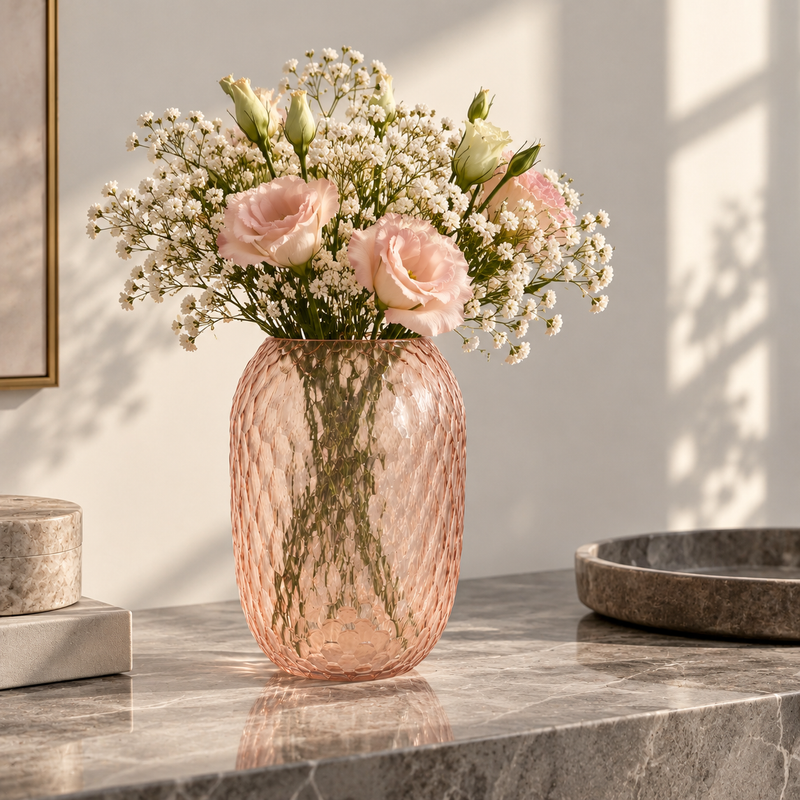 Blush Pink Textured Glass Vase – Elegant Decorative Flower Vase for Home Décor