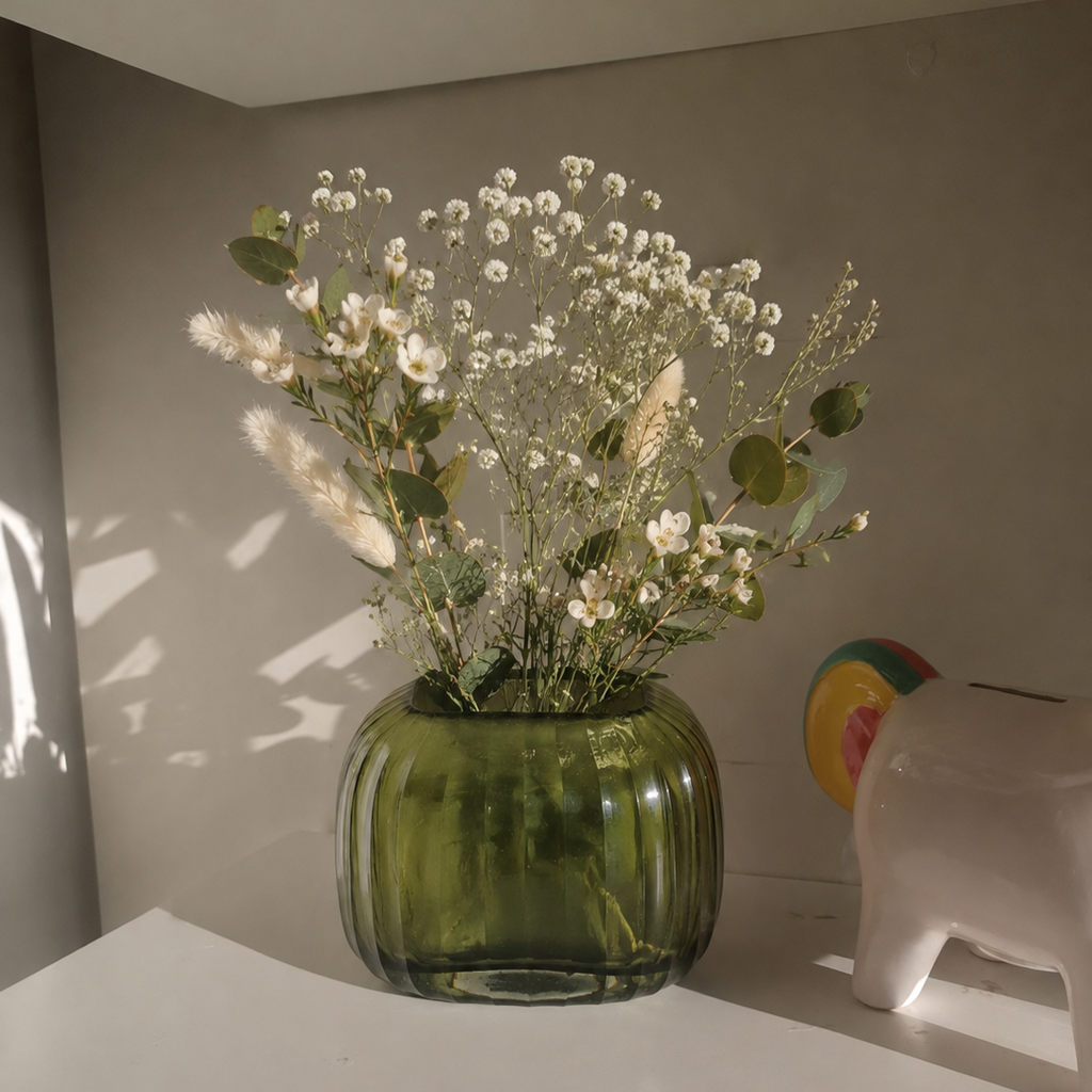 Olive Green Glass Vase – Elegant Decorative Vase for Modern Home Decor