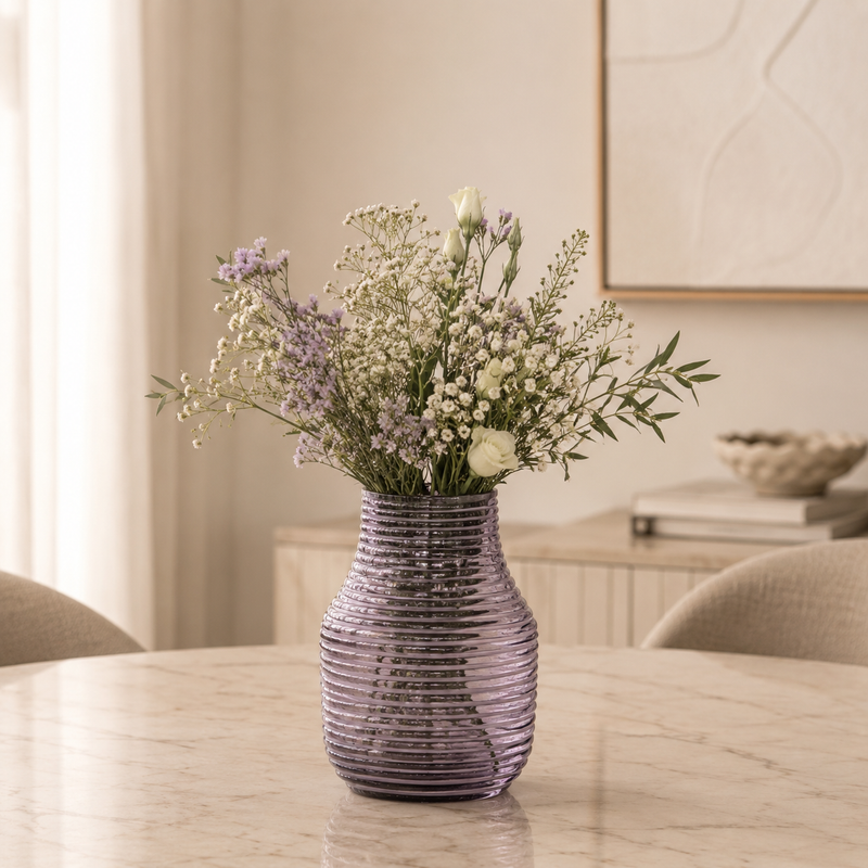 Lavender Ribbed Glass Vase – Elegant Decorative Flower Vase for Home Décor